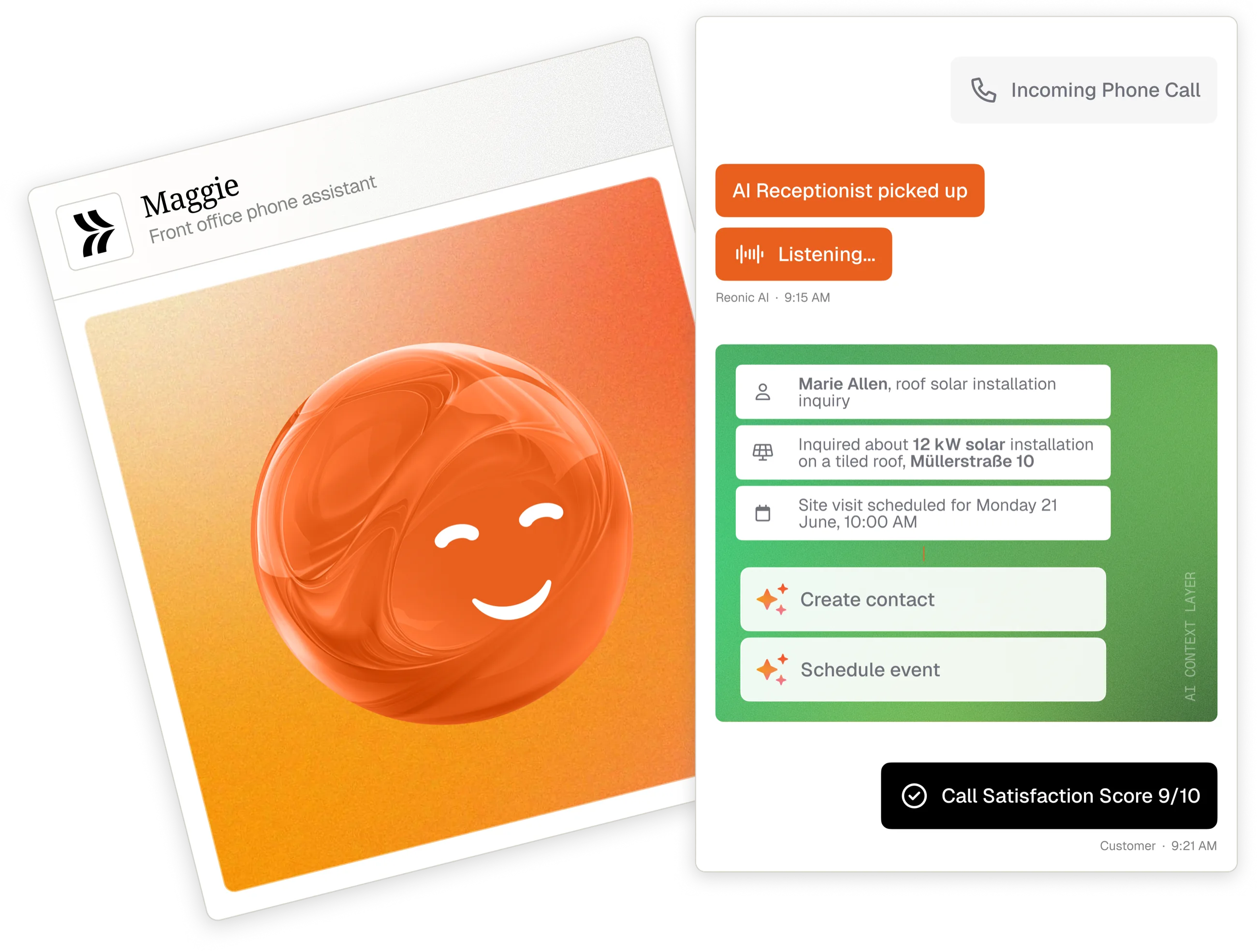 Reonic AI Call Agent answering an inbound call and turning it into CRM records